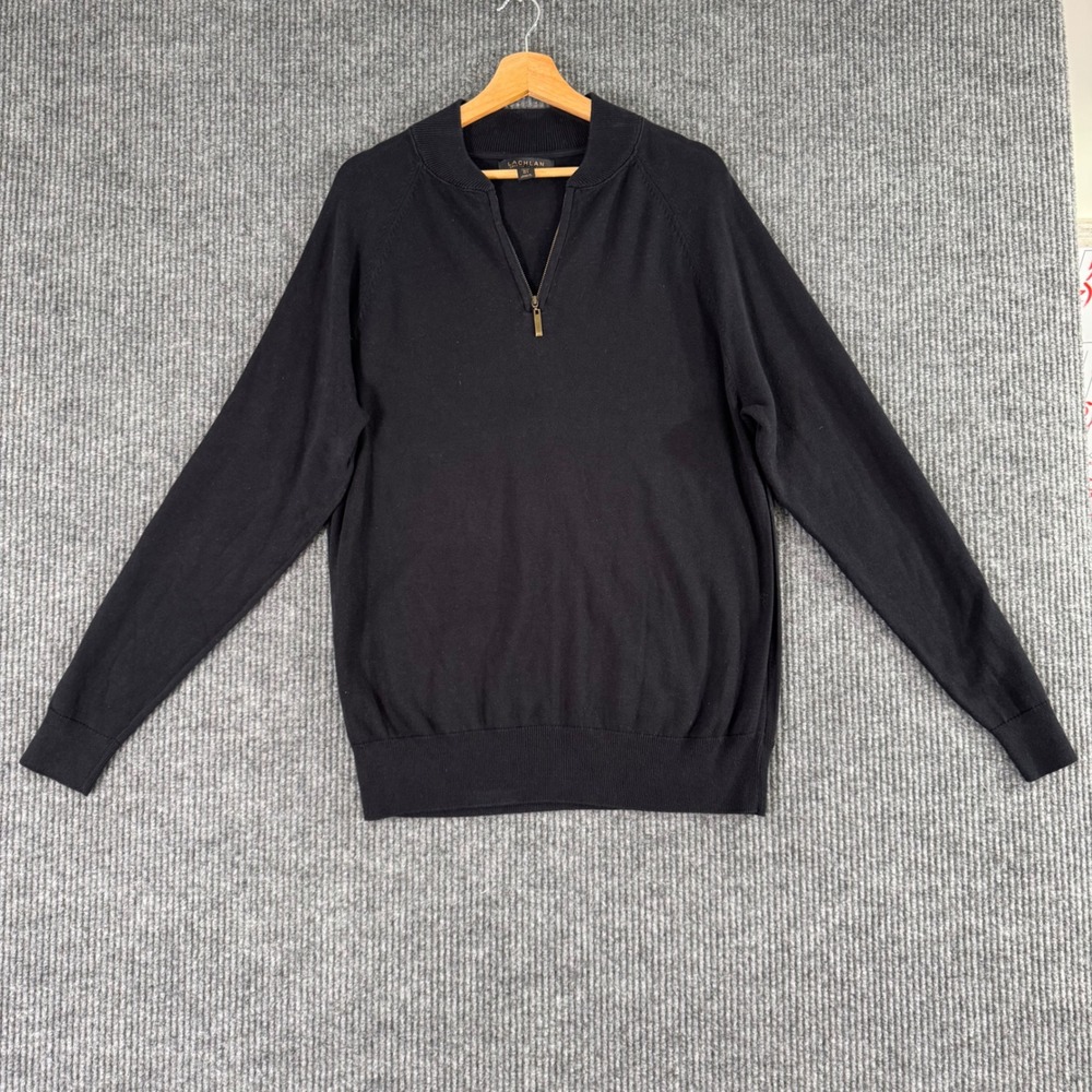 Lachlan Mens L Black 1/4 Zip‎ Sweater Pullover Preppy Minimalist Quiet Luxury